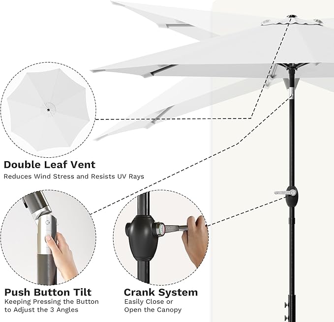 Greesum Outdoor Patio Umbrella with Base, Table Umbrella with 8 Sturdy Ribs, Push Button Tilt and Crank, Market Table Parasol for Garden, Lawn, Backyard & Pool, White