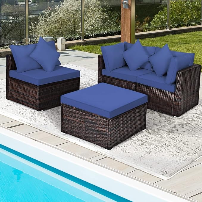 HAPPYGRILL 4 Pieces Patio Conversation Set Outdoor Wicker Sofa Set, Modern Sectional Couch Set with Washable Cushions & Pillows, All Weather PE Rattan Patio Furniture Set