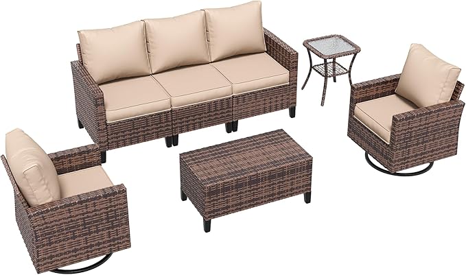 Amopatio Patio Furniture Set, 5-Piece Wicker Outdoor Sectional Sofa with Swivel Rocker Chairs, Rattan Conversation Set with Storage Coffee Table and Waterproof Cover for Backyard Brown/Khak