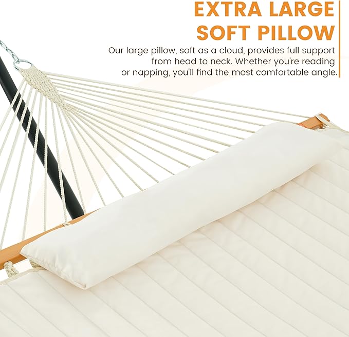 Lazy Daze Hammocks 2 Person Portable Hammock with 12FT Stand, Double Hand Woven Cotton Rope Hammock with Detachable Quilted Pad & Pillow for Outside, 450lb Capacity, Natural