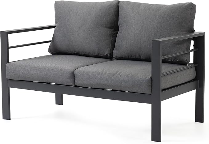 4-Piece All-Weather Metal Patio Furniture Set, Sectional Conversation Sofa w/Coffee Table, Heavy Duty Steel Frame & Washable Cushions for Backyard Garden (Grey, Loveseat)
