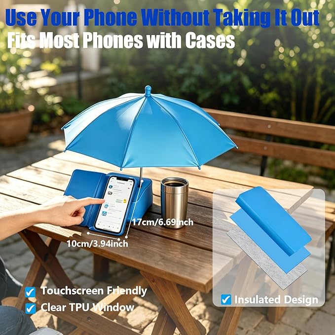 Poolside Phone & Drink Shade Umbrella with Water-Fill Base Touchscreen Phone Pouch Adjustable 19.7" Canopy Portable Sun Shade for Pool Beach Patio Backyard & Camping Carry Bag Included