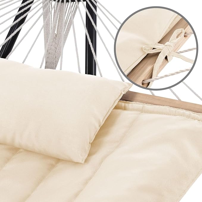 Double Hammock with Stand for Outside, Rope Hammocks with Polyester Pad 2 Person, 12ft Heavy Duty Stand, Extra Pillow, Storage Sidebag, Max 475 lbs Capacity (Beige)