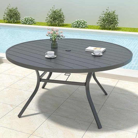 Anmutig 58" Outdoor Patio Round Dining Table, Large Metal Slatted Round Tabletop with Adjustable Umbrella Hole for Deck Lawn Garden Backyard Balcony Deck, Black