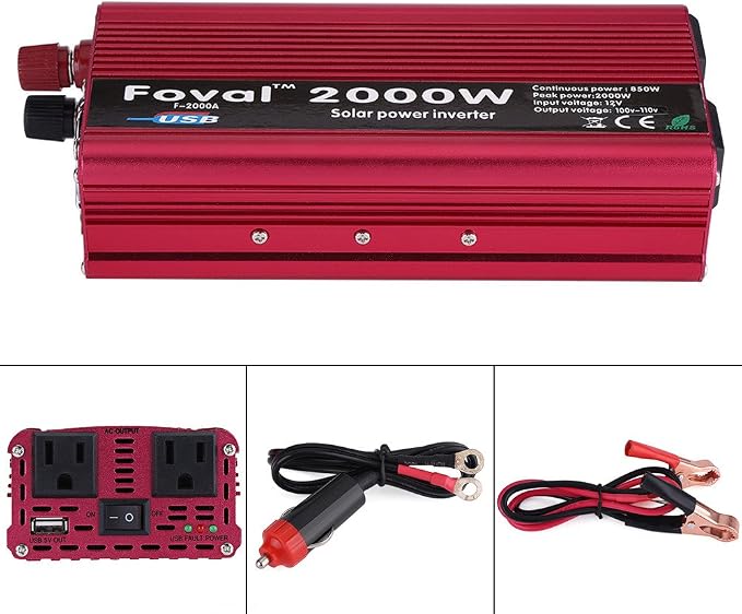 Power Inverters, 2000W DC 12V to 110V Car Converter with 2 AC Outlets & USB Ports for Household Appliance