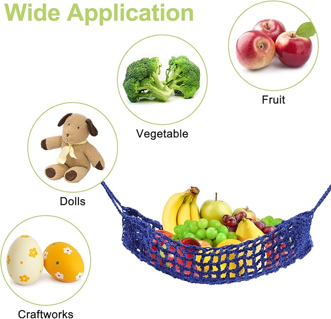 Macrame Fruit Hammock 1 Pack Cotton Fruit Holder Net Under Cabinet Veggie Storage Space Saving Kitchen Decor with Hooks (Sapphire Blue)