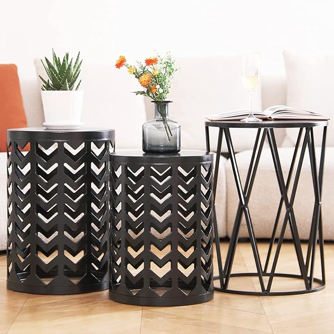 Y&M Set of 3 Black End Tables, Nesting Metal Round Coffee Table, Heavy Duty Meta Plant Stand Decorative Garden Stool, Outdoor Multifunctional Use