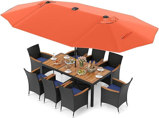 Tangkula 11 Pieces Patio Dining Set with Double-Sided Led Patio Umbrella (Base Included), with 8 Stackable Chairs, Acacia Wood Dining Table and Large Umbrella with Solar Lights (Orange + Navy)
