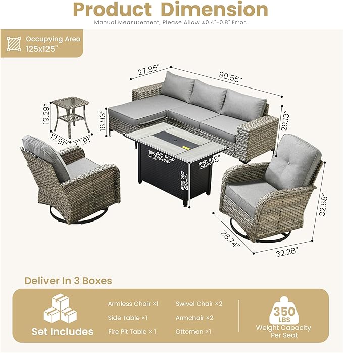 HOOOWOOO Outdoor Sectional Furniture Set with Fire Pit Table,8 Pieces Wicker Patio Conversation Sets,L Shape All Weather Outside Couch Sofa Set with Swivel Chairs Side Table Ottoman,Charcoal Gray