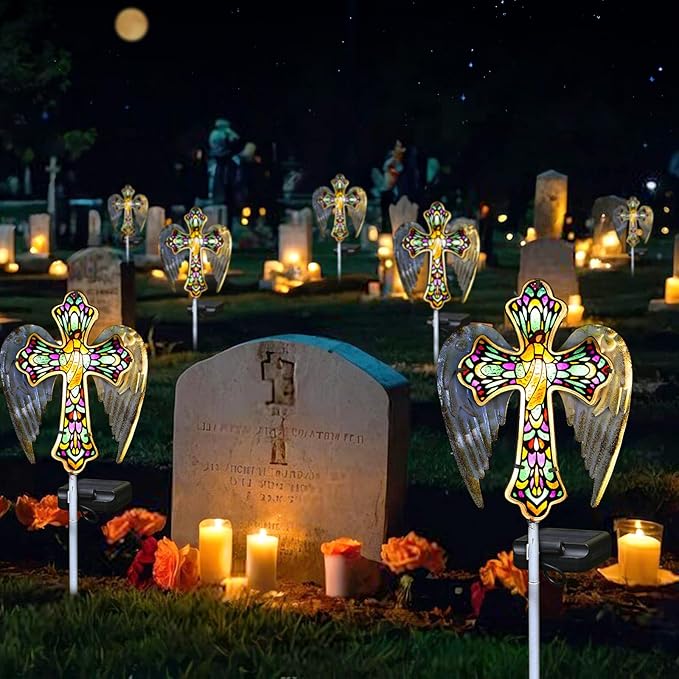 YJFWAL Solar Glass Cross Garden Stake Light, Cemetery Decorations for Grave Outdoor Lights, Easter Jesus Cross Angel Wings Sympathy Memorial Gifts, for Garden Lawn Yard Patio Decor