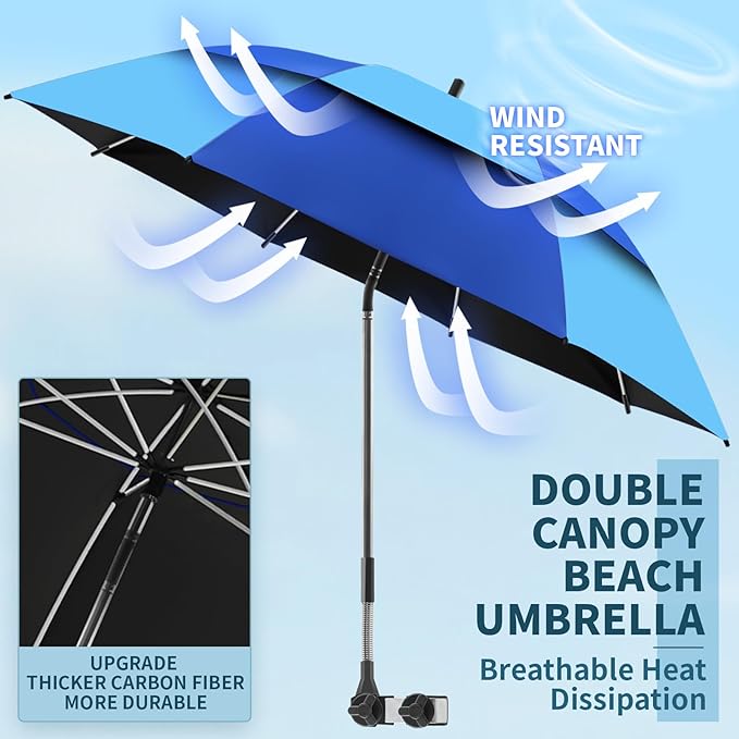 48.6" Double Canopy Beach Umbrella with Clamp, UPF50+ Beach Chair Umbrella with clip, 360°Adjustable Portable Outdoor Wheelchair, Patio, Golf Carts,Camping(Blue/Light Blue)