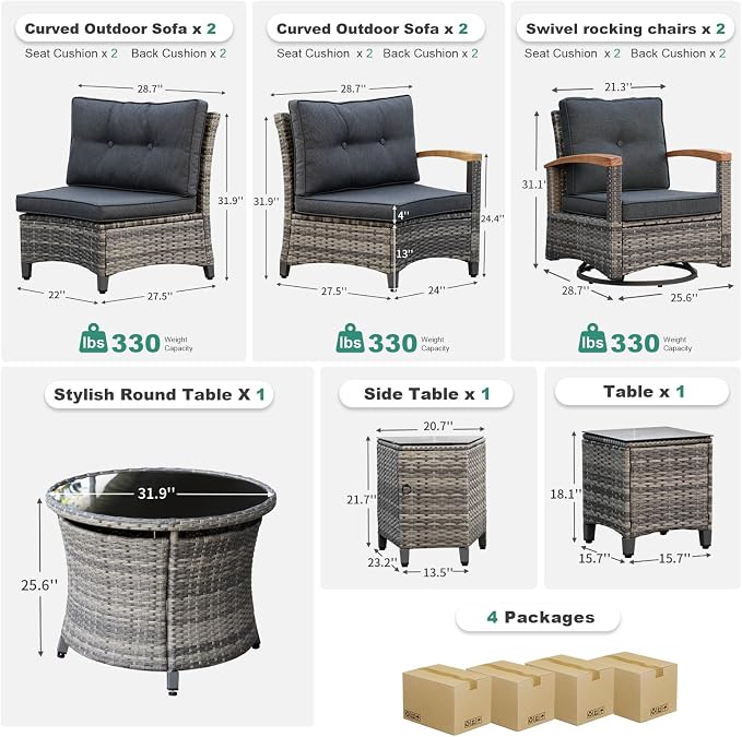 MEISSALIVVE 9-Piece Half-Moon Curved Outdoor Patio Furniture Set, Sectional Conversation Sofa with 2 Swivel Glider Chairs, Round Coffee Table for Backyard Deck Garden, Grey