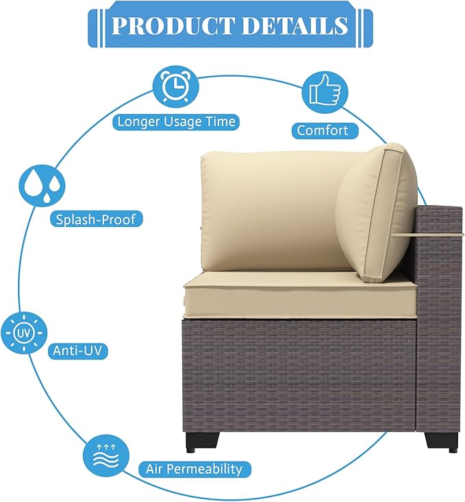Patio Furniture Set 7 Pieces Outdoor Sectional Sofa Set,All Weather Wicker Patio Sofa PE Rattan Patio Conversation Set w/Cushions and Glass Coffee Table,Sand