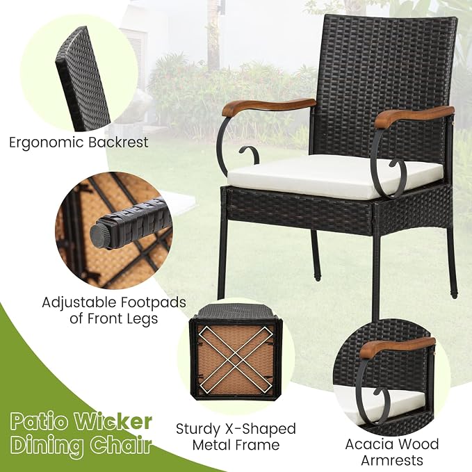 Tangkula 5-Piece Outdoor Dining Set with Acacia Wood Table & 4 Wicker Rattan Armrest Chairs, Detachable Cushions, Umbrella Hole, All-Weather Patio Conversation Furniture Set for Garden Deck Poolside