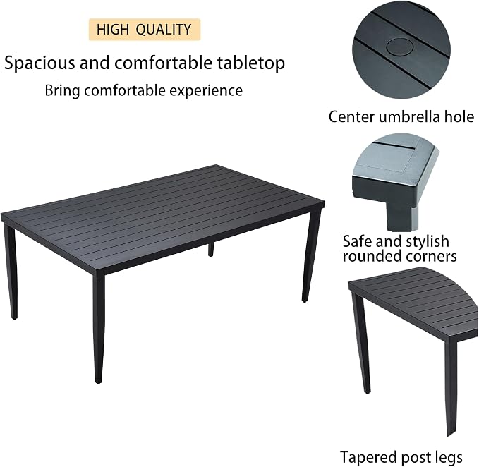 7-Piece Outdoor Patio Aluminum Furniture, 70” Rectangle Dining Table with Umbrella Hole and 6 Swivel Rockers Chairs, Modern Dining Set for Patio Backyard, Garden, Ember Black