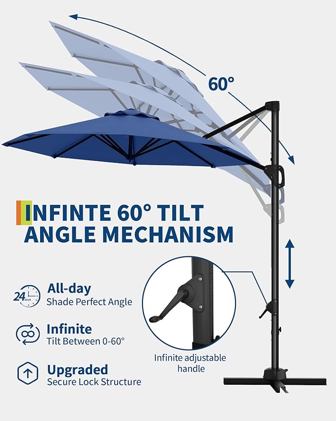 GarveeLife 10 ft Cantilever Umbrella Outdoor Patio Umbrella w/Base Included Market Offset Umbrella Sun Shade Windproof with 360-Degree Rotation for Patio Garden Deck Pool, Navy Blue