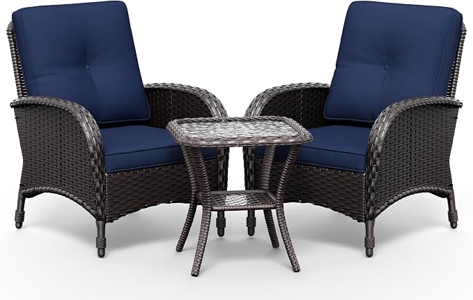 Joyside Wicker Patio Chairs, 3 Piece Rattan Outdoor Furniture with Thickened Cushions, High Back, Deep Seating, Wide Armrest, Outdoor Chairs for Porch, Deck