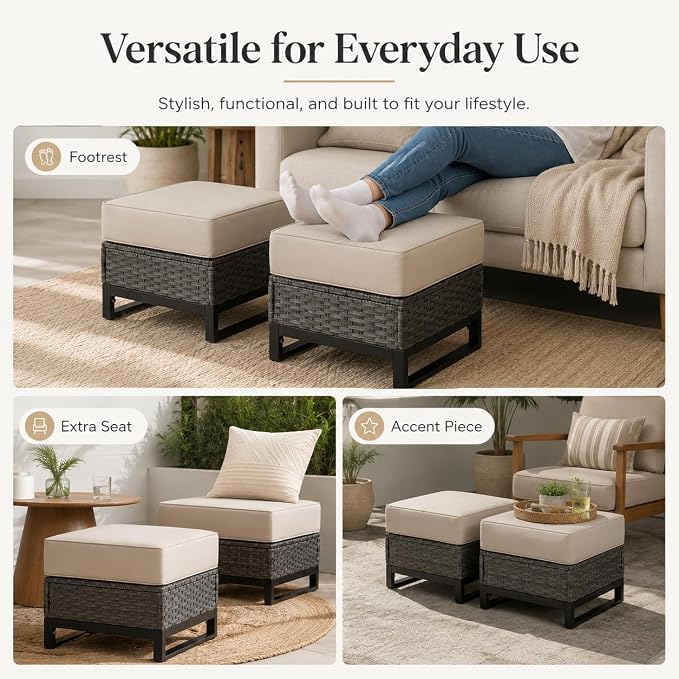 Outdoor Ottomans Set of 2, PE Wicker Patio Footstools with Removable Cushions, All-Weather Rattan Outdoor Ottoman Set for Patio, Backyard, Garden, Porch, Beige