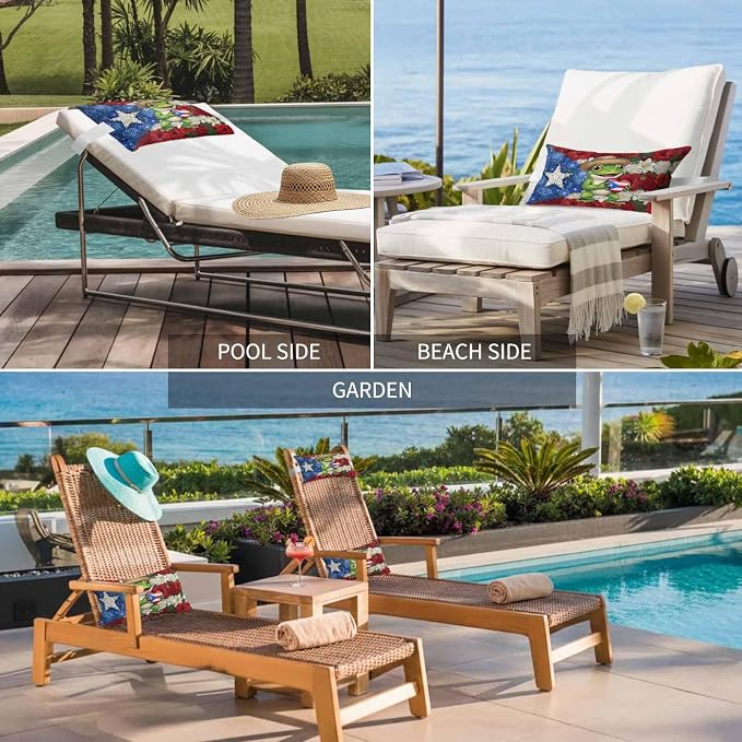 Outdoor Chair Pillow Headrest for Patio Pool Chaise Lounge, Funny Frog Recliner Head Pillow, Farmhouse Red Blue Floral Puerto Rico Flag Waterproof Pillowcases Neck Lumbar Pillows & Insert 12x20x2pcs