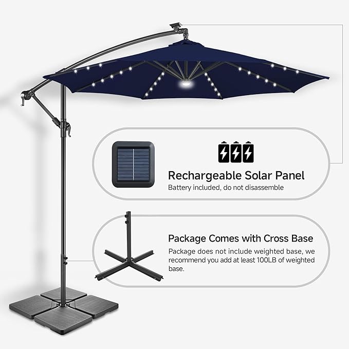 Solar Offset Patio Umbrella - 10 FT Solar Cantilever Umbrella Outdoor with 40 LED Lights and Cross Base, UV Protection for Garden, Deck, Backyard, Pool, Porch, Navy Bluery