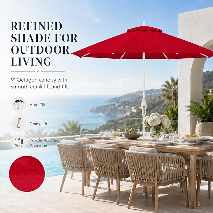 Treasure Garden 9ft Patio Umbrella - Outdoor Furniture Market Umbrella – Deluxe Auto-Tilt – White Aluminum Frame (Sunbrella, Jockey Red)