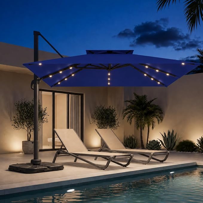 10FT Cantilever Patio Umbrella with Solar Lights, Large Outdoor 2 Tier Aluminum Offset Square Umbrellas 360 Degree Rotation for Garden Deck Pool