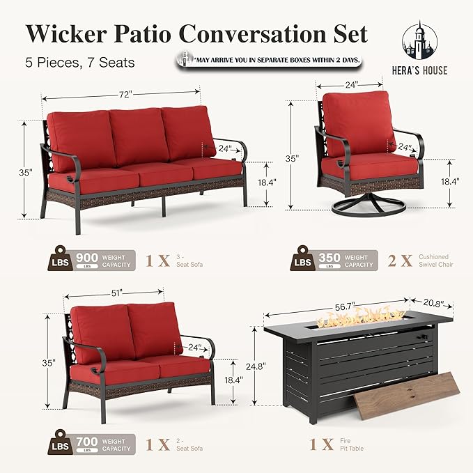 HERA'S HOUSE 5 Piece Metal Patio Furniture Set with 56" Fire Pit Table, All Weather Outdoor Conversation Set, 3 Seat Sofa with Loveseat, 2 Swivel Chairs, Seats 7 for Backyard, Garden, Deck, Red
