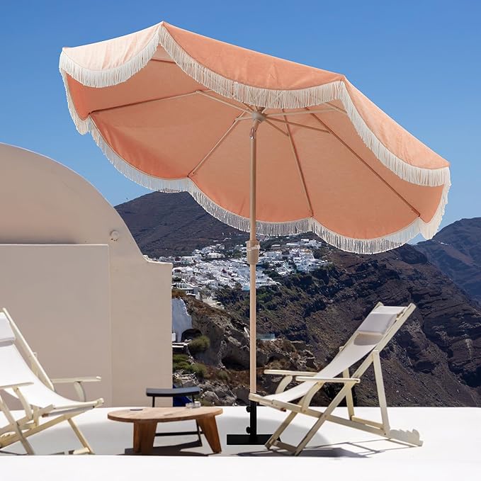 Tempera 9ft Auto Tilt Melon Red Scalloped Patio Umbrellas with Fringe, Outdoor Table Umbrellas with Fade Resistant Canopy,8 Sturdy Rids,Luxurious Vintage Umbrellas for Lawn,Pool,Balcony