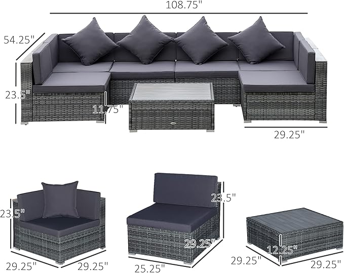 Outsunny 7-Piece Patio Furniture Sets PE Rattan Sectional Sofa Set Outdoor Conversation Set w/Acacia Top Coffee Table & Cushion for Garden, Backyard, Grey