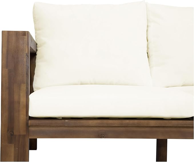 Outdoor Patio Sofa Set 3-Seater Acacia Wood Conversation Set with Cushions & Coffee Table Garden Backyard Balcony Poolside (Beige,Mocha5)
