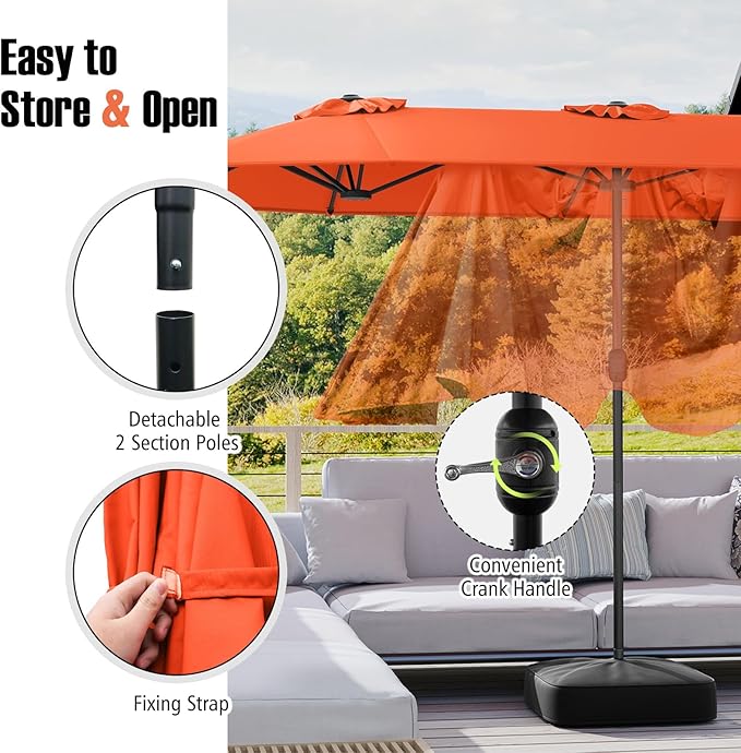 Tangkula 13FT Double-sided Patio Umbrella, Extra Large Twin Table Umbrella with Crank Handle, Umbrella Base, Safety Lock, Air Vent, Outdoor Market Umbrella for Garden Pool Backyard (Orange)