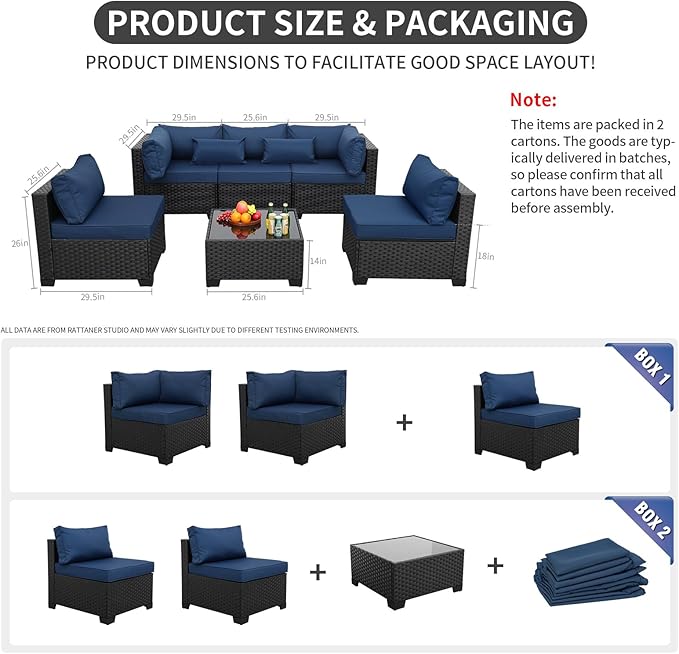 Rattaner Patio Sectional 6 Pieces All-Weather Wicker Patio Furniture Set Outdoor Sectional with Glass Table Non-Slip Cushions and Waterproof Cover, Navy Blue