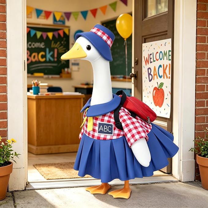 Back to School Porch Goose Outfit Fits 23'' Plastic/Cement Statue | Goose Outfits Back to School with Schoolbag, Pencil and ABC Chalkboard, Classroom Outdoor Garden Patio Yard Lawn Decoration