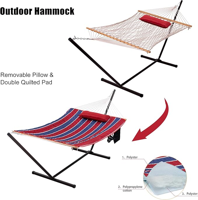 Lazy Daze Hammocks Double Hammock with 12 ft Steel Stand, 2 Person Cotton Rope Hammock with Quilted Pad, Spreader Bars, Detachable Pillow, Mag Bag & Cup Holder, Red&Navy Stripe