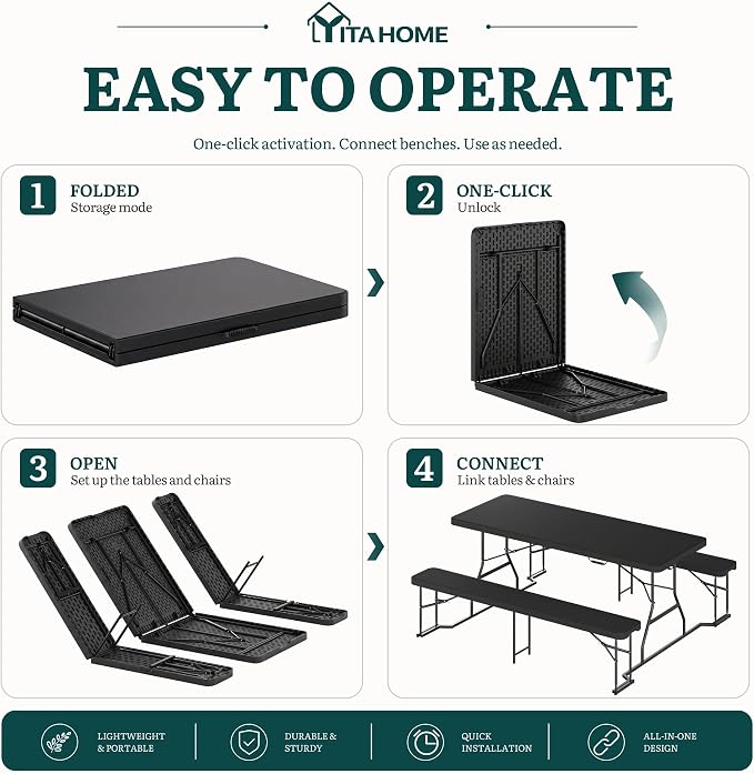 YITAHOME 6ft Folding Picnic Table with Benches, Heavy Duty Iron Frame & HDPE Plastic Table Set, Portable Outdoor Folding Table with Center Lock for Backyard, Park, Camping, Beach, Black