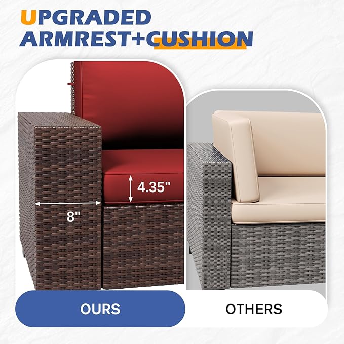 6 Pieces Outdoor Patio Furniture Set with Table Brown Rattan Sectional Sofa Conversation Sets for Balcony Lawn and Garden (Wine, 6 pcs w/Table)