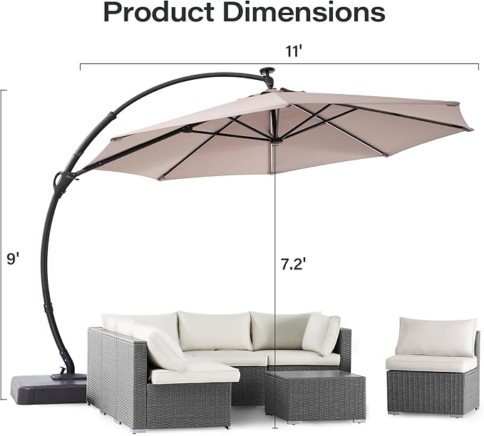 LAUSAINT HOME 11ft Patio Cantilever Umbrella with Base Included, Outdoor Curvy Round Offset Umbrella, Heavy Duty Aluminum, 360° Rotation for Pool, Deck, Lawn, Backyard (Beige with LED)