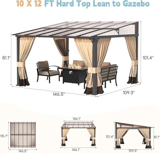 10' x 12' Lean to Gazebo,Large Wall Mount Heavy Duty Gazebos Pavilion,Outdoor Hardtop Pergola Shelter with Curtains and Netting,Sunshade for Patio Garden Lawn Backyard Deck,Brown