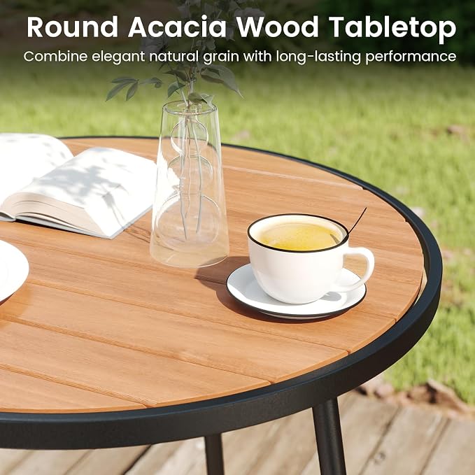 COSTWAY Outdoor Bar Table, 41" Bar Height Patio Round Table with Acacia Wood Top & Metal Frame, High Top Outside Pub Height Bistro Dining Table for Balcony, Garden and Backyard