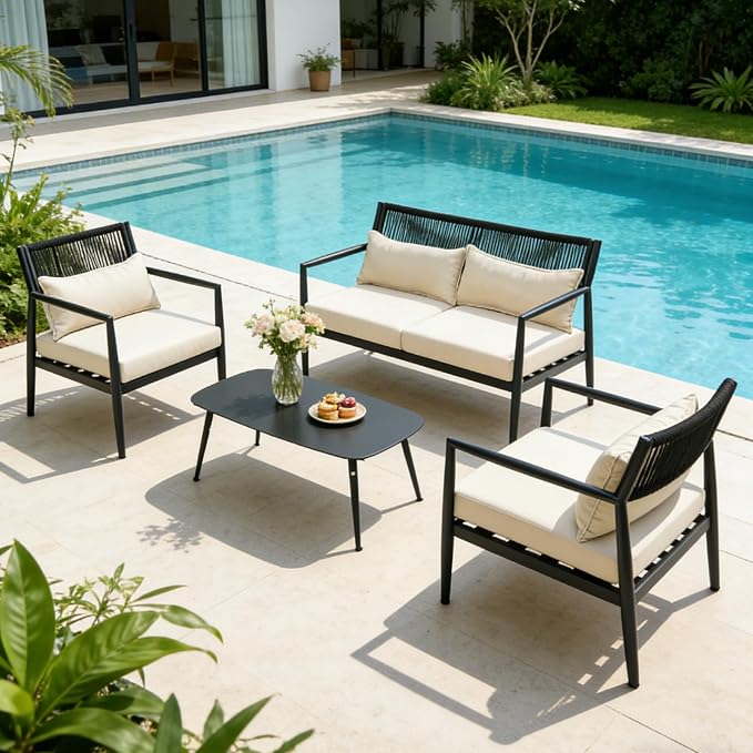 Outdoor Patio Furniture Set, 4 Seats Outdoor Sectional with Coffee Table, Patio Conversation Sets with PE Rope, Outdoor Sectional Sofa with Thick Cushions for Balcony, Porch (Black)