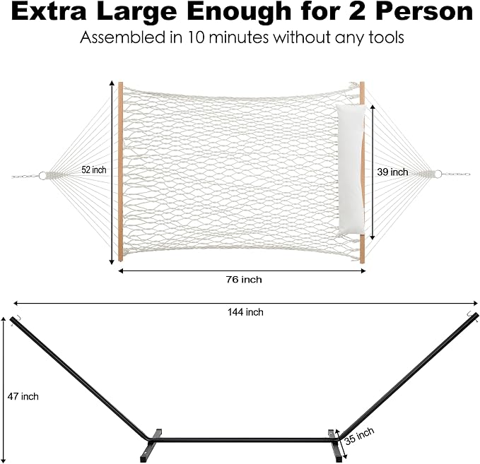 GAFETE 2 Person Hammock with Stand for Outside, 52inch Double Cotton Rope Hammock, Heavy Duty Steel Stand, Large Removable Pillow, Max 475 lbs Capacity (Natural Beige)