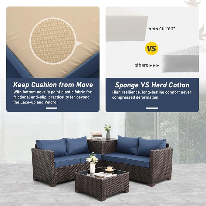 Valita Wicker Patio Furniture Set 4 Pieces Outdoor Sectional Conversation Sofa Set with Storage Box and Glass Table with Cushions and Furniture Covers, Navy Blue