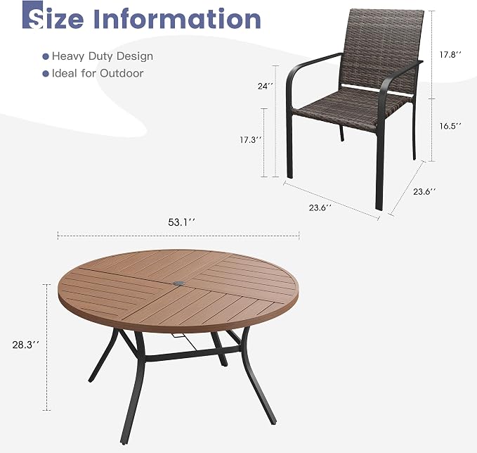 VICLLAX 9 Pieces Outdoor Dining Set, 8 Stakable Wicker Patio Chairs and 53" Patio Round Metal Table with Umbrella Hole for Backyard Lawn Garden, Walnut Tabletop