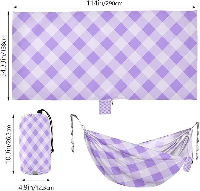 Purple and White Checkered 330lb Capacity Camping Hammock with Tree Straps Hanging Hammock for Outside Patio Garden hamacas para Deck