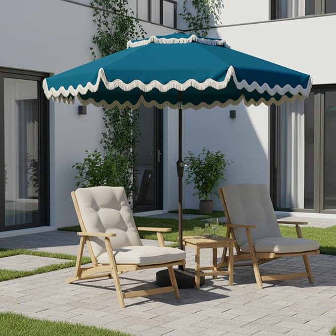 9FT Patio Umbrella with Fringe,Tassel Umbrella with Push-Button Tilt | UPF 50+ & Rust-Resistant Fiberglass Frame for Patio, Pool,Garden,Yard(Lake Blue)
