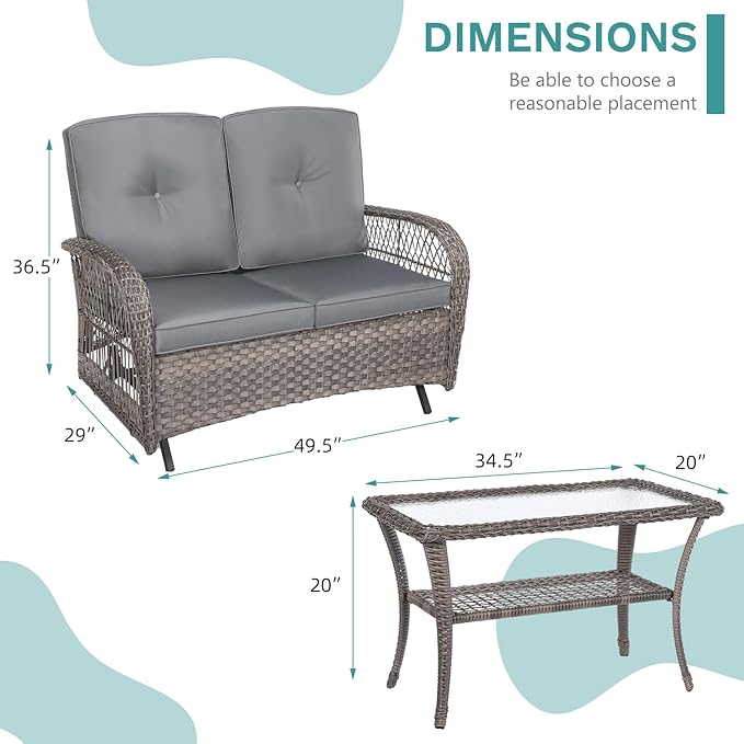 MEETWARM Outdoor Wicker Patio Glider Set, Loveseat for 2 Person Porch Furniture Glider with Glass-Top Coffee Table, Patio Glider Rocking Bench with Thickened Cushions, Gray