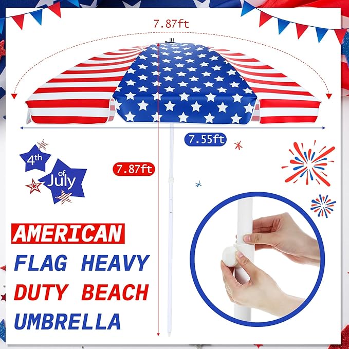 7.9ft 4th of July Patriotic Beach Umbrella Large American Flag Heavy Duty Wind Grade Red Blue White Umbrella UV 50+ for Patio Outdoor Independence Day