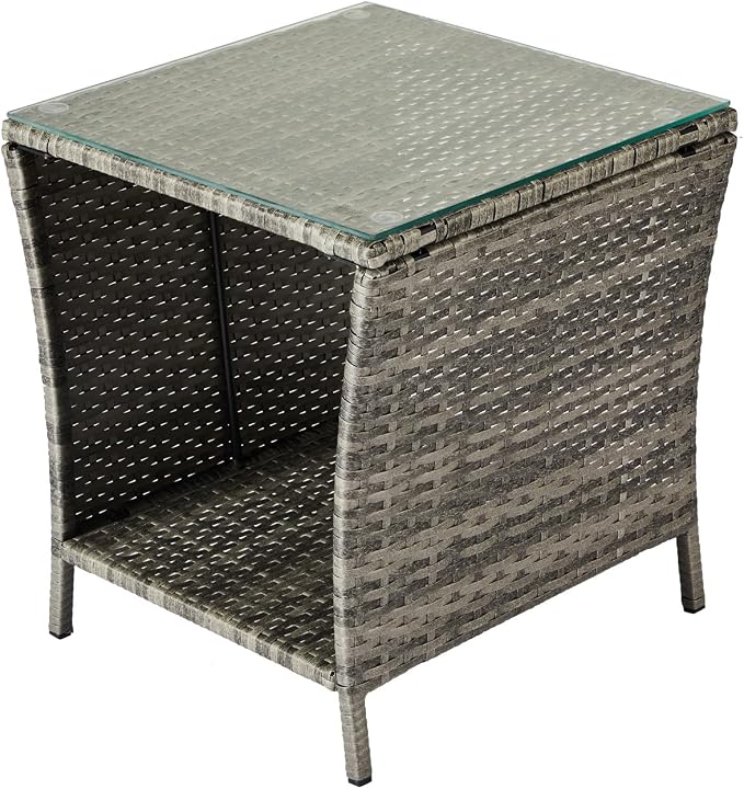Outdoor Patio Wicker Side Table, Square End Side Table Bistro Coffee Table with Glass Top Storage Shelf for Porch Garden Backyard, Grey