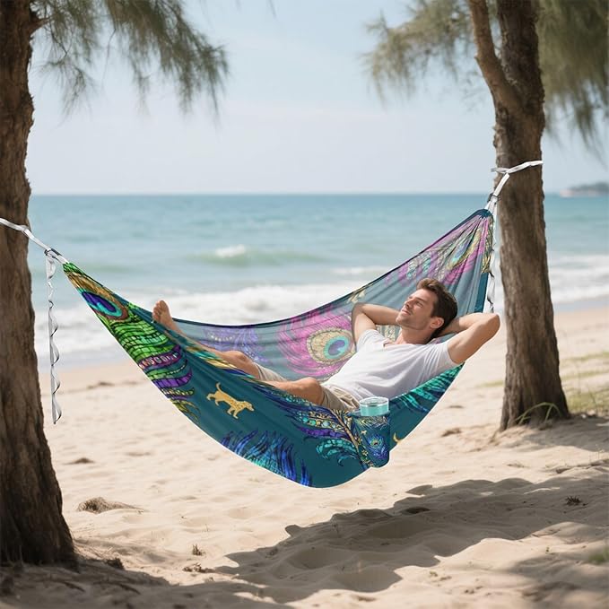 Peacock Feather and Pet Outdoor Hammock with Tree Straps Cloth for Outside Beach Patio Garden