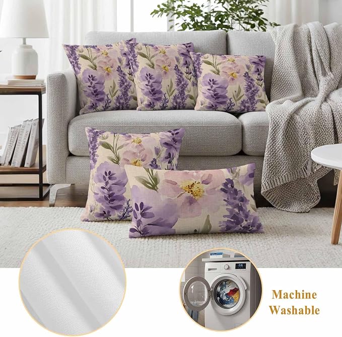 Spring Flowers Outdoor Waterproof Throw Pillow Covers Set of 2, 20"x12", Lavender Leaf Purple Floral Vintage Decorative Pillow Covers Outside Cushion Case for Patio Porch Garden